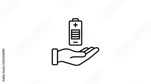 Minimalist black outline icon featuring a human hand holding a fully charged vertical battery symbol