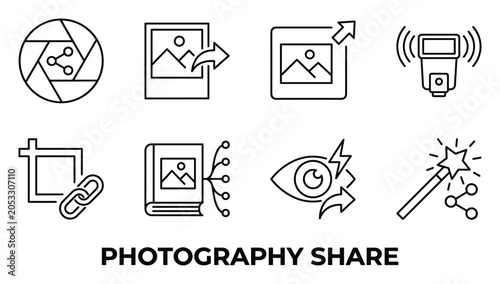 Photography share line icons set featuring social media sharing connection and photo edit functions.