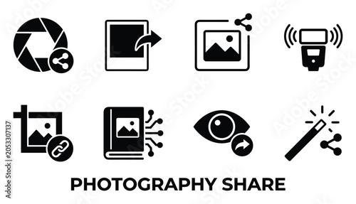 Photography share solid black icons set representing social media digital photo transfer and editing.