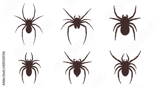 Collection of six stylized spider illustrations in dark brown silhouette on a white background.