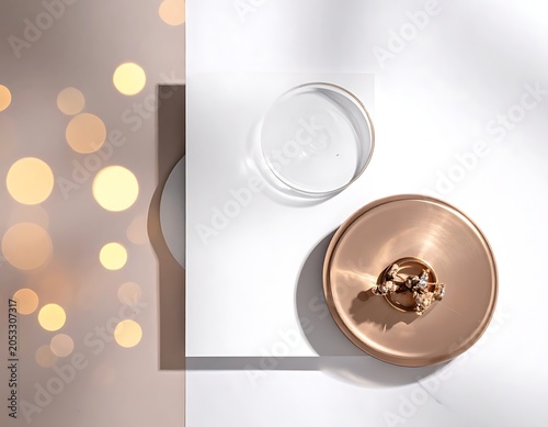 A still life composition featuring a glass, a plate, and jewelry on white