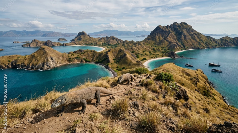 Fototapeta premium The Stunning Komodo Dragon Roaming Above the Breathtaking Scenic Landscape of Padar Island in Indonesia