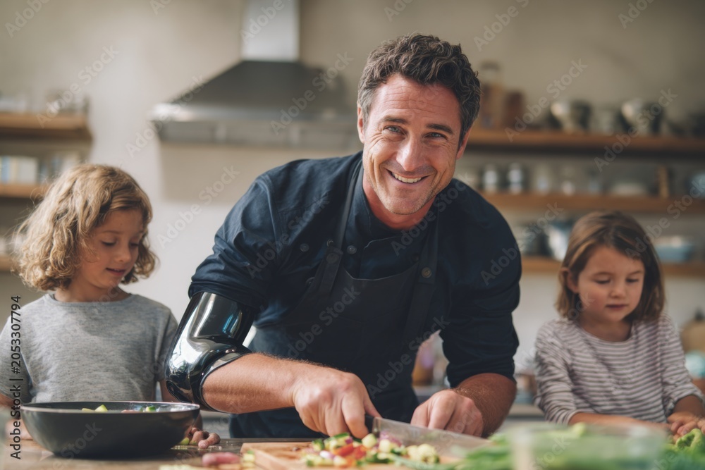 Fototapeta premium Cheerful father cooking in kitchen with children, preparing fresh vegetables for healthy meal together, family bonding, joyful cooking experience at home