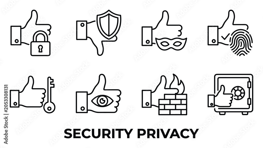 Fototapeta premium Security and privacy thumbs up icons with padlock shield mask fingerprint key eye firewall and safe for approval.