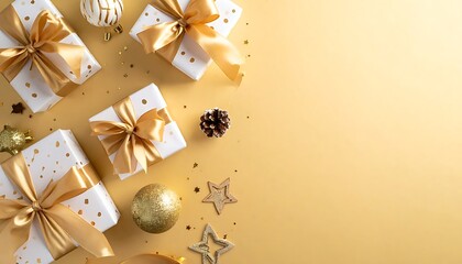 Golden gifts and ornaments on a shiny gold background