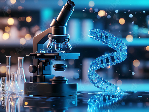 Scientific research with digital microscope analyzing DNA helix in modern laboratory setting