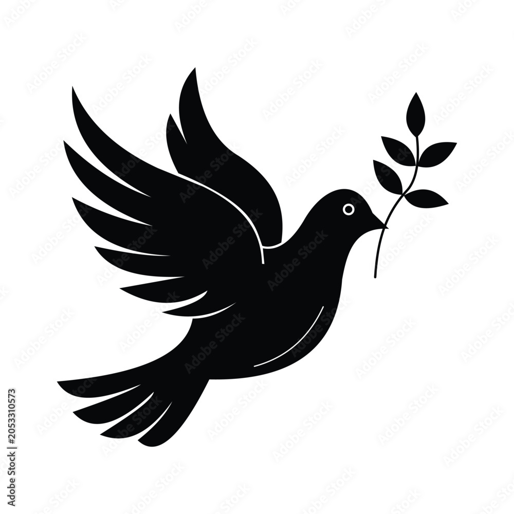 Fototapeta premium Peace dove flying with olive branch icon black silhouette vector illustration
