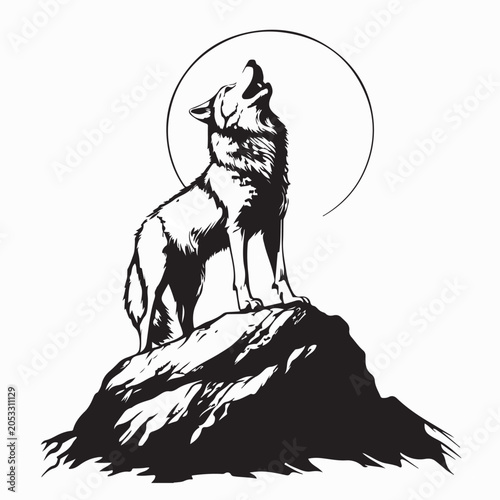 Foto Wild Wolf Howling Upward on Rock Image Vector Isolated On White Background