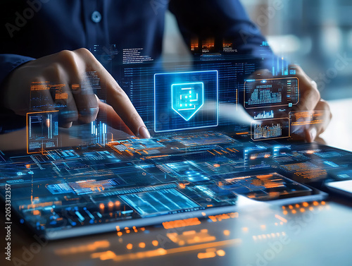 Hands typing on futuristic digital interface with blockchain security hologram and cityscape reflection