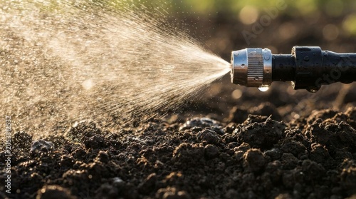 Close up of a garden hose nozzle spraying water over soil.