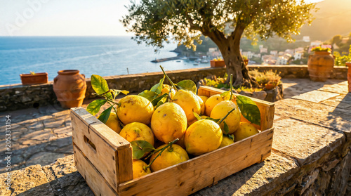 Fresh organic lemons in a wooden crate overlooking the sea. Ideal for culinary blogs, travel ads, or fresh food promotions.