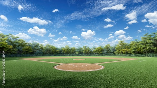 Scenic baseball field under a bright blue sky with fluffy clouds and lush greenery in the background, perfect for sports themes
