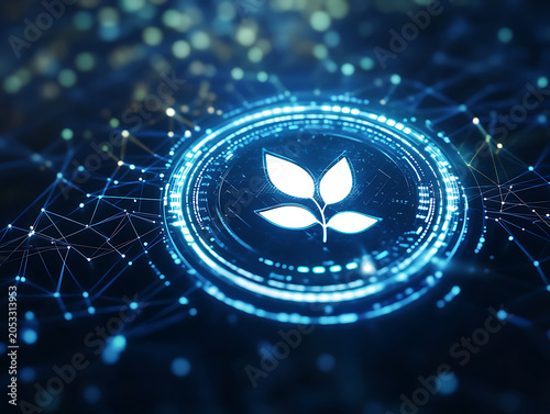 Digital blockchain technology network with glowing leaf symbolizing eco-friendly innovation