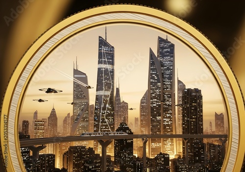 Future Smart City Encircled by Golden Coin Wealth Concept