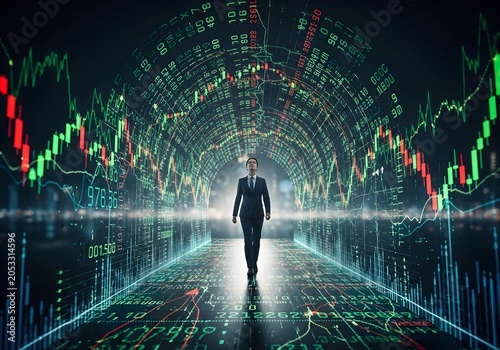 Investor Navigating Financial Data Tunnel Toward Market Opportunity