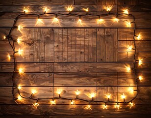 Overhead shot of a frame made of illuminated warm-toned fairy lights, arranged on a weathered, wooden surface