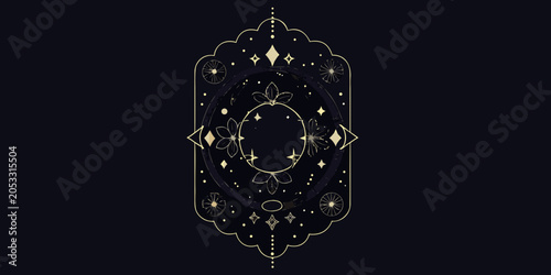 Foto Celestial Geometry Ornament Intricate Gold Line Art On Black Background