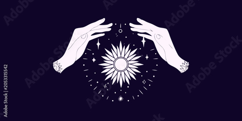 Fotografie Two Hands Framing Floral Sunburst Line Art Illustration Dark Background