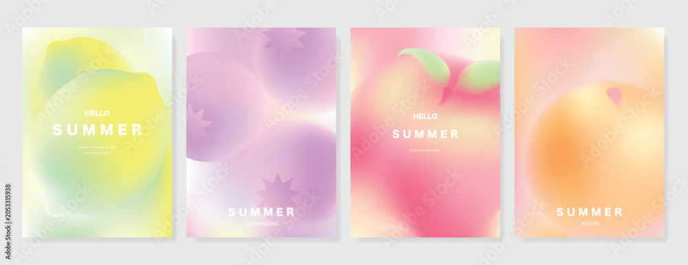 Obraz premium Abstract colorful gradient fruit card background set. Minimalist poster with watermelon, orange, lemon. Modern summer and spring wallpaper design for drink menu, promotion, beverages, ads.