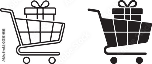 Shopping cart with gift box icon set