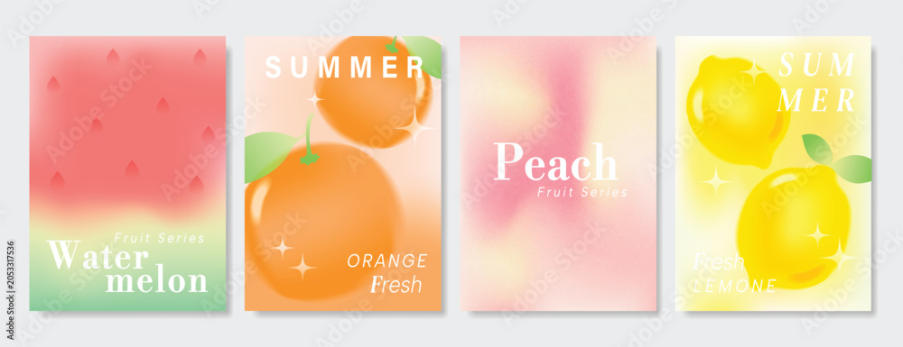 Obraz premium Abstract colorful gradient fruit card background set. Minimalist poster with watermelon, orange, lemon. Modern summer and spring wallpaper design for drink menu, promotion, beverages, ads.