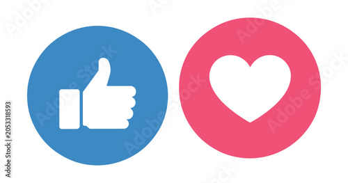 Bild auf Leinwand like and love icon button set thumbs up and heart icons in circle button shapes