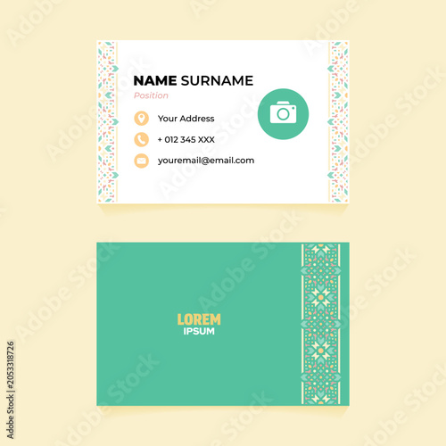 Elegant teal business card template with Islamic mosaic tape border