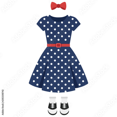 Vintage style polka dot dress with red belt bow and shoes illustration clothing feminine wardrobe