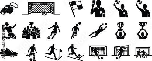 Soccer Icons set of professional football player silhouettes and sports equipment, football, athlete, competition, tournament, vector