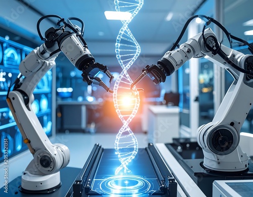 Robotics manipulates a glowing digital DNA strand in a sterile laboratory. The scene shows high-tech equipment, suggesting scientific advancement