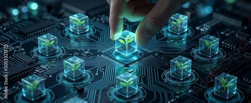Hand placing a glowing cube with a green sprout onto a futuristic circuit board, representing technology and nature integration