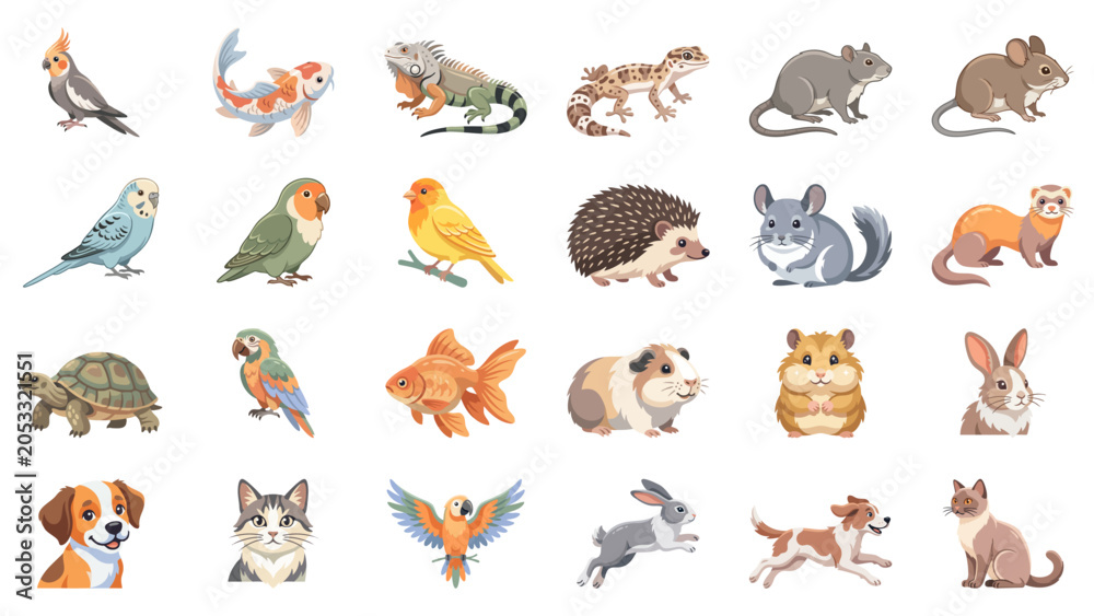 Obraz premium Collection of Diverse Cute Cartoon Pets and Animals