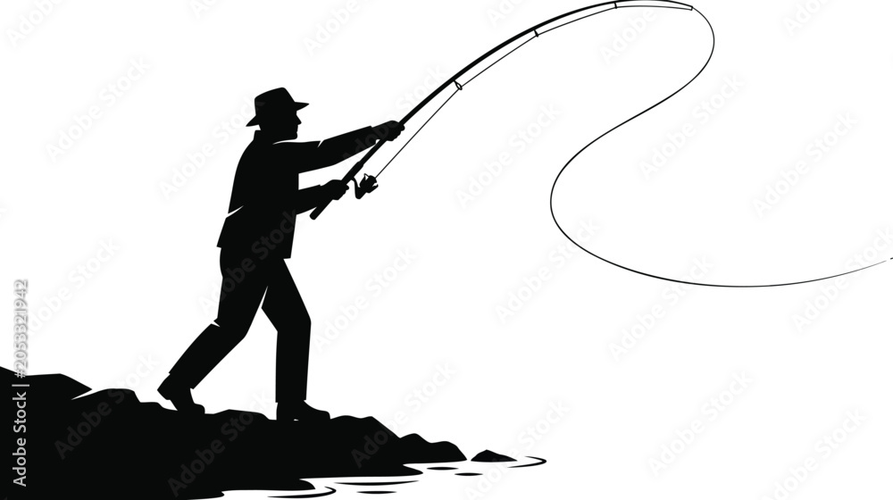 Obraz premium Fisherman casting fishing rod on rocky shore. man in hat and boots fishing by water with line silhouette.