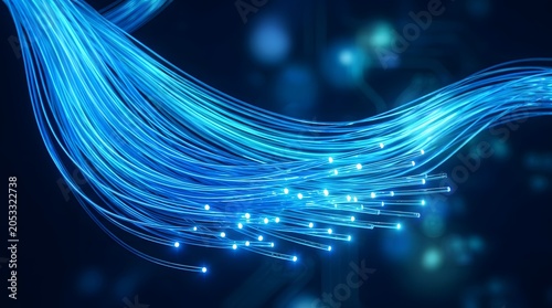 Abstract glowing blue fiber optic cables with small light points in a dark background