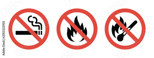 Tableau sur toile No smoking and no open flame sign set red prohibition symbols with cigarette and