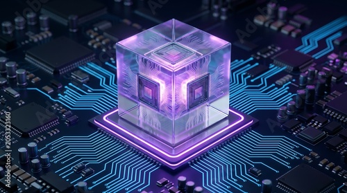 Futuristic holographic cube displaying advanced microchips and circuits represents breakthrough innovation in quantum computing technology and AI development.
