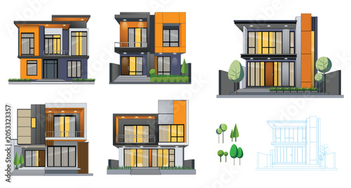 Handmade Modern Minimalist House Illustration Set with Realistic Residential Architecture