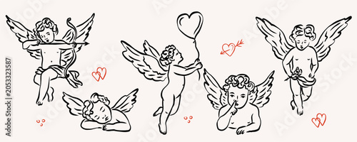 Εκτύπωση καμβά Line art doodle hand drawn cupids illustrations