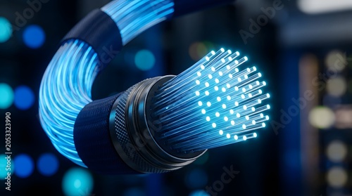 Close up shot of glowing blue fiber optic strands spreading out from a dark protective cable