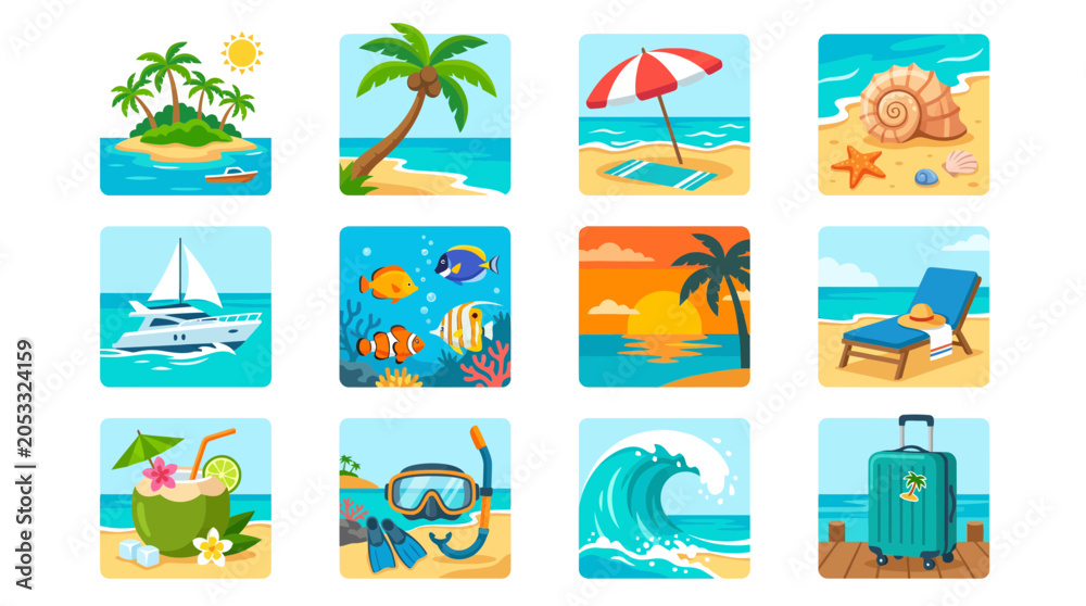 Fototapeta premium Set of colorful travel icons featuring tropical island beach scenes, sea life, luxury ocean cruise, vacation relaxation, and summer holiday vacation gear