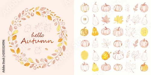 Tableau sur toile Autumn leaves and gourds watercolor illustration collection on a pale background