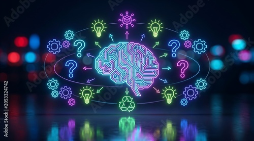 Glowing neon brain circuit board processing ideas, questions, and gears with surrounding digital connection and concepts on a dark background.