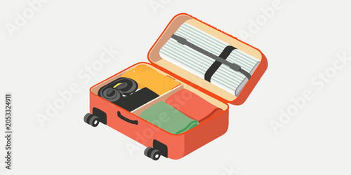 Photography Open suitcase with packed clothing isometric vector illustration