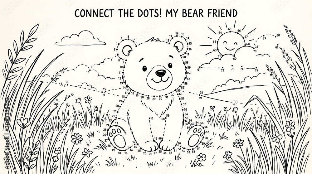 Fototapeta premium Connect the dots bear activity page with sun and plants Keywords: connect the dots, bear