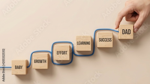 From Baby to Dad: A Stairway of Growth, Effort, Learning, and Success illustrated with wooden blocks and a guiding blue line.