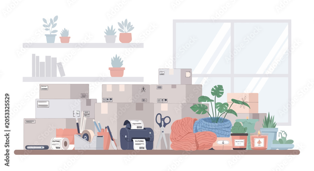 Fototapeta premium Moving Boxes and Office Supplies on a Desk with Plants and Window Background