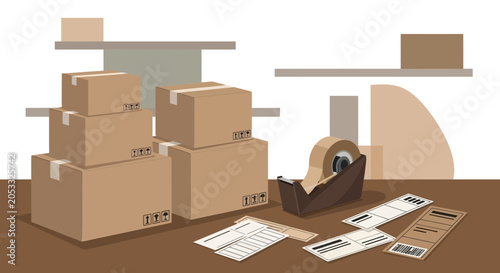 Moving Boxes Stacked on Table with Packing Tape and Shipping Labels