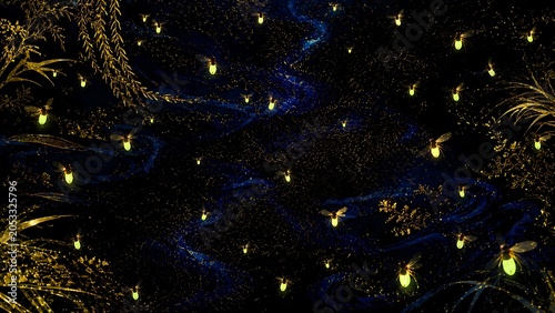 Glowing Fireflies Over a Deep Indigo Japanese Summer Night Background with Golden Botanical Accents, Generative AI