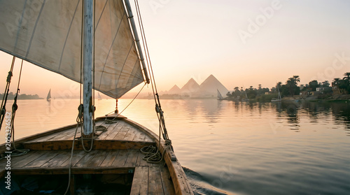 View from Bow of Traditional Felucca Boat Sailing on Nile River