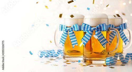 Three beer mugs with blue and white checkered ribbons and confetti, celebrating Oktoberfest.